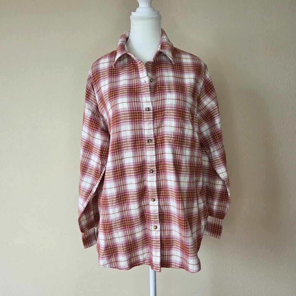 NWT American Eagle Plaid Flannel Shirt Pink Cream Cotton Button Down Womens S